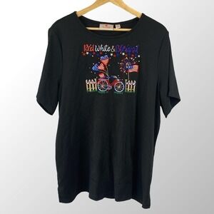 Quacker Factory XL Embroidered Red White & Blessed Black Short Sleeve Top Shirt